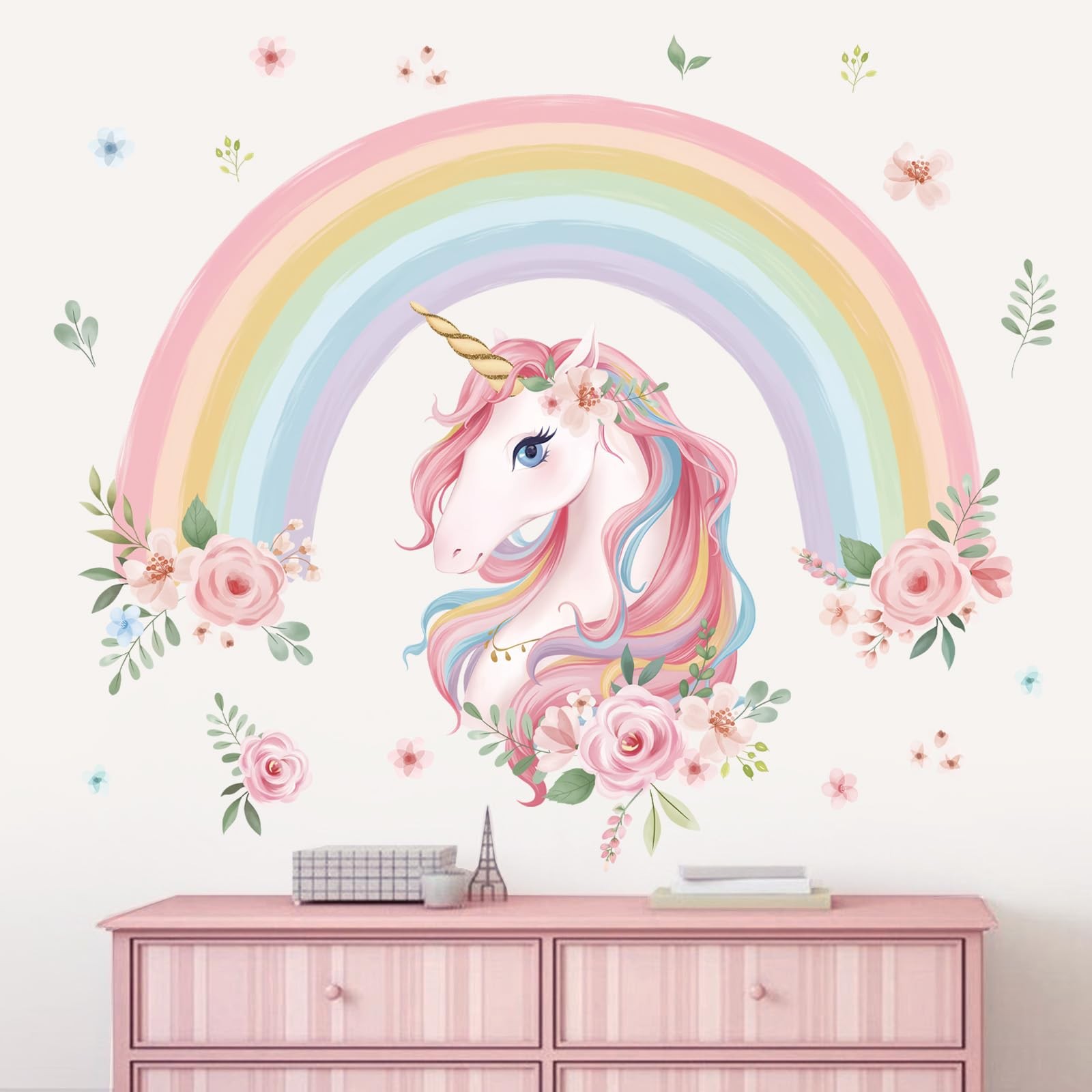 wondever Large Rainbow Wall Decals Unicorn Flower Peel and Stick