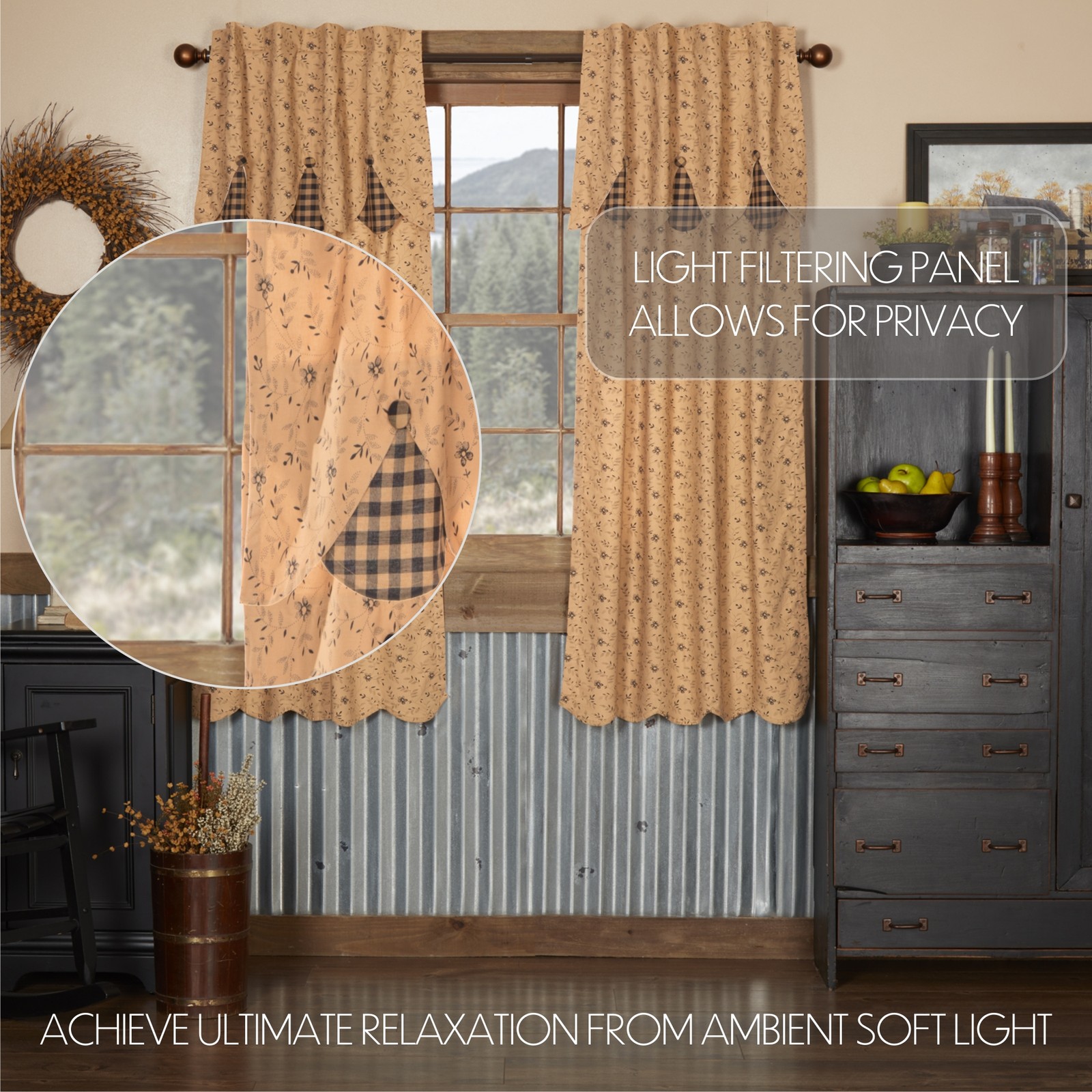 VHC Brands Primitive 63″x36″ Panel Pair Tan Rod Pocket Buttons / Window Curtains