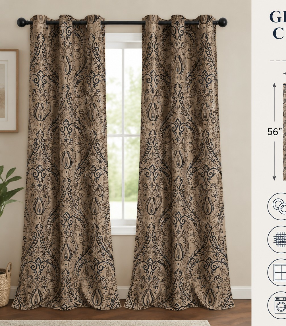 Beige/Blue Damask Grommet Curtain Panel 52×56 Fabric Light Filtering