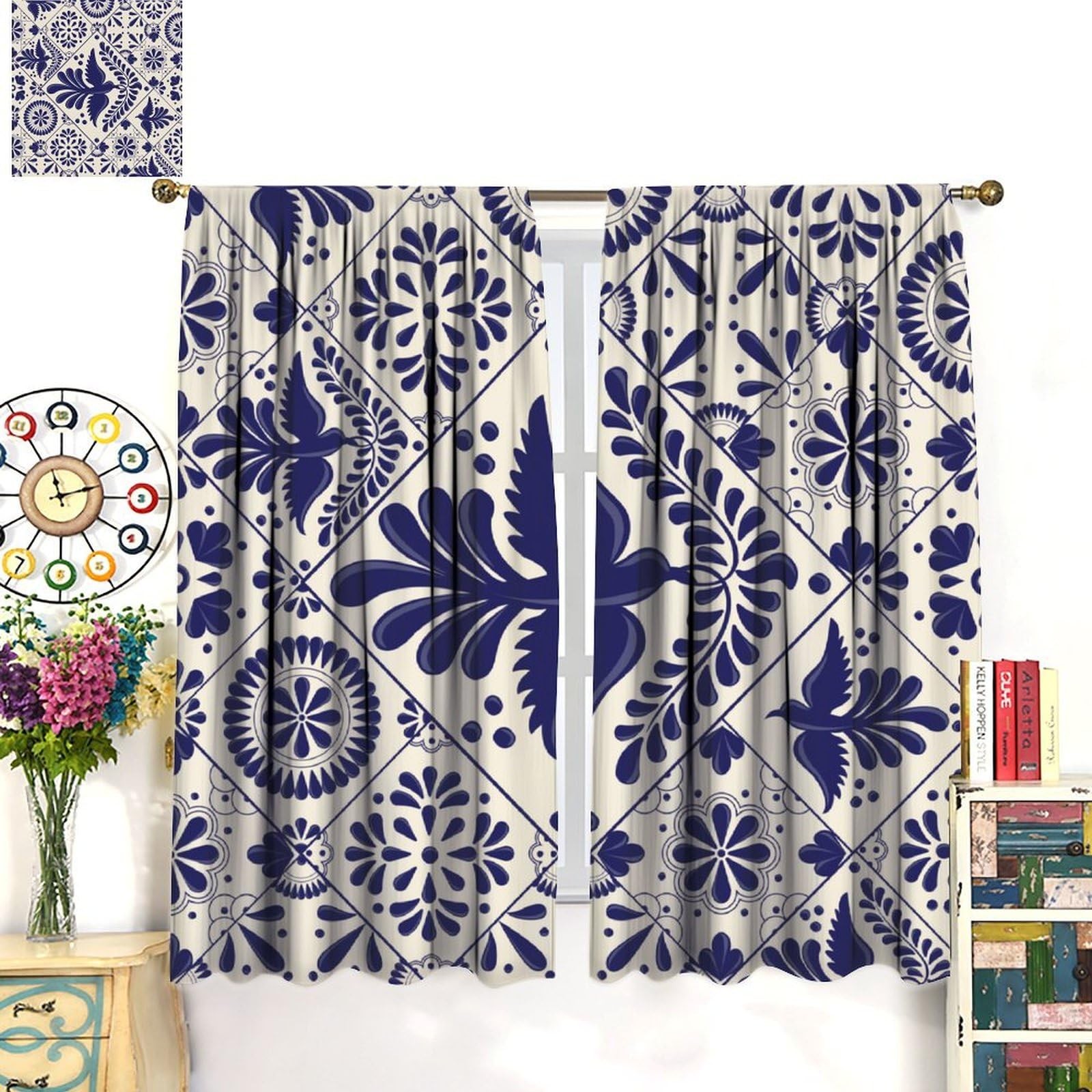 Mexico Curtains, Mexican Traditional Talavera Style Tiles Floral Birds Window…