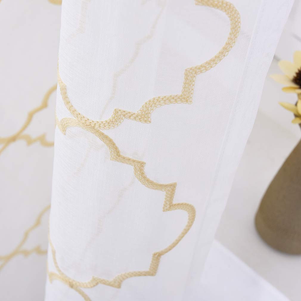 Embroidered Moroccan Tile Lattice Design Gold Sheer Curtains 84 Inch Long, Ro…