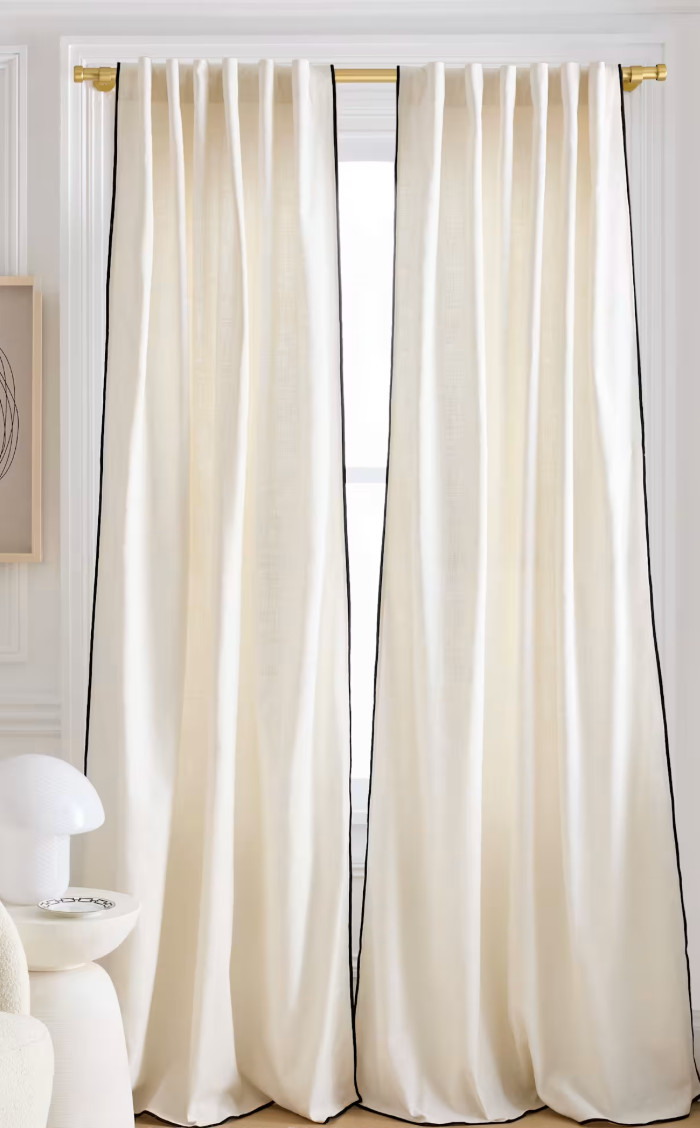 Quince Piped Edge Cotton Curtain Panel 48×84 White Black Lined Back Tab