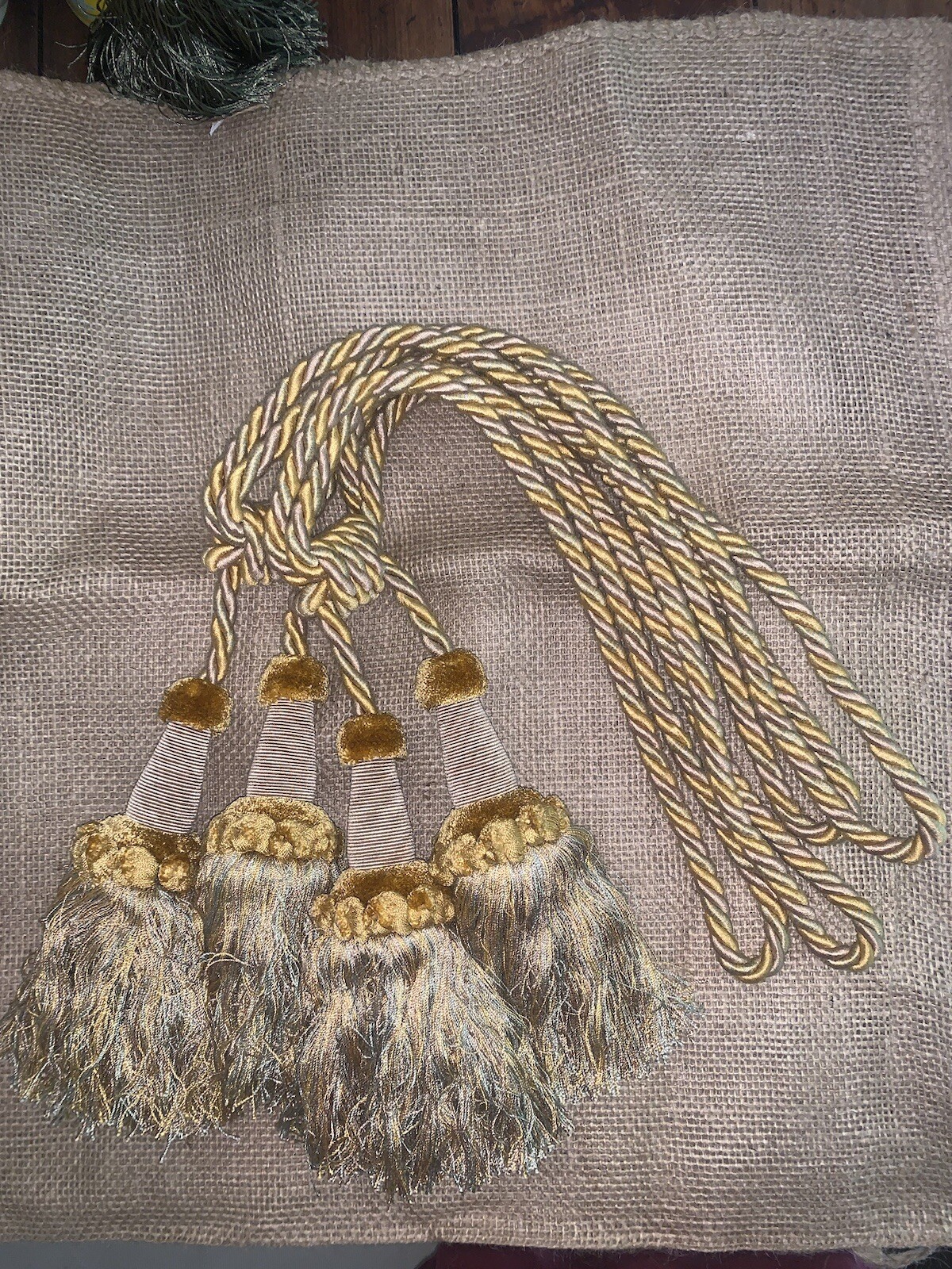Set/2 Curtain Tie Backs Gold Blue Tan Tassels 27.5”L Wdetail Loop cord 7.5”L W/o