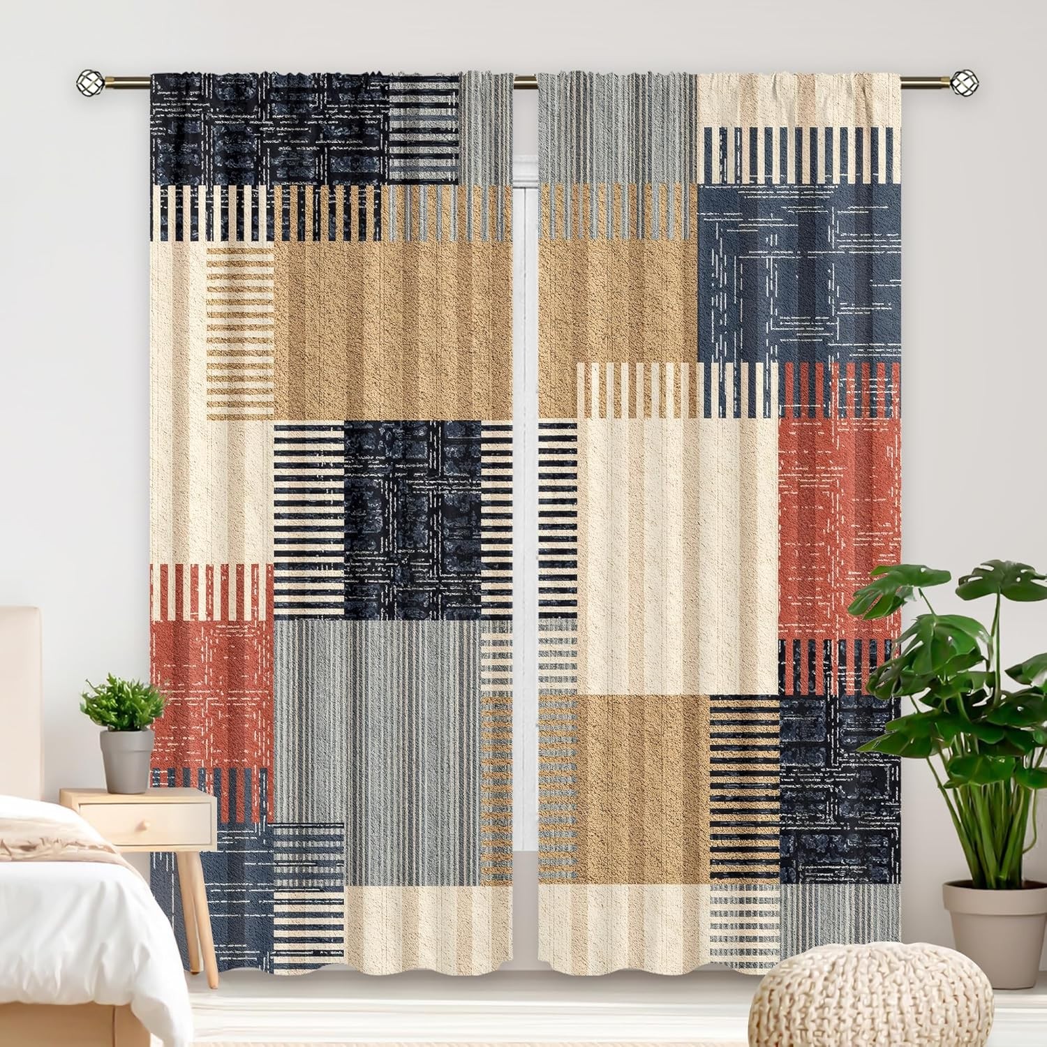 Abstract Colorful Stripes Curtains 52Wx84H Inch Rod Pocket Boho Modern Patchw…