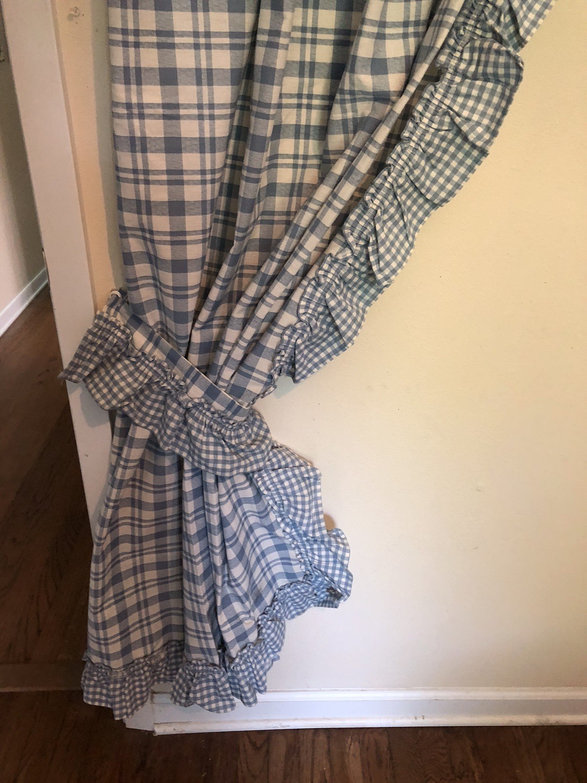 Cottagecore Set Of Curtains Blue White Plaid Ruffled Tab Top Each 80”L x 46”W