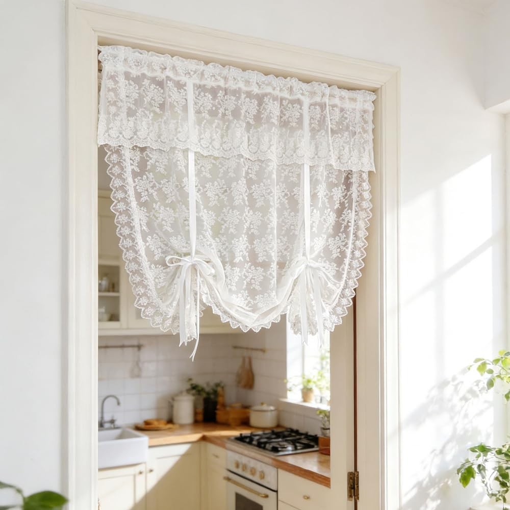 White Floral Lace Tie Up Curtain, Adjustable Lift Balloon Window Shade