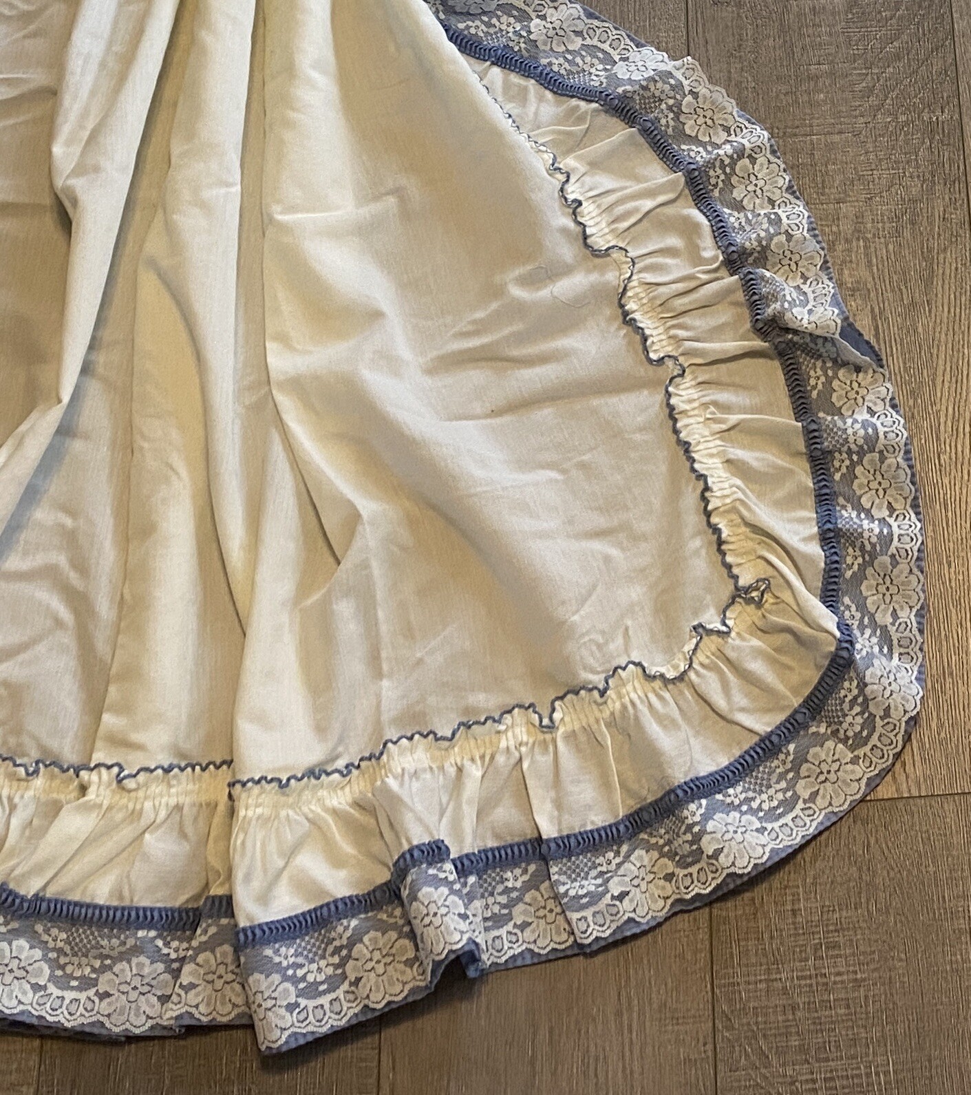 Blue & White Ruffled Curtain Panels With Blue Tie Back Bows Lace Trim