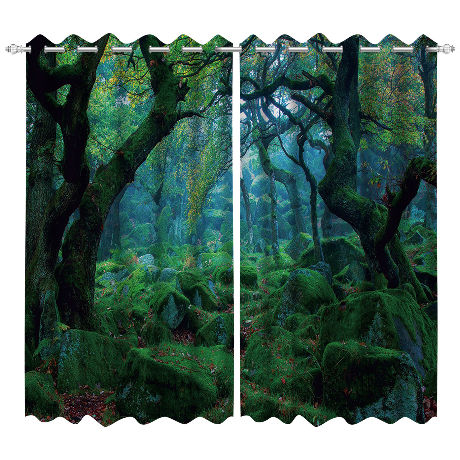 Green Jungle Tree Landscape 3D 2 Panels Window Curtains Blockout Drapes Fabric