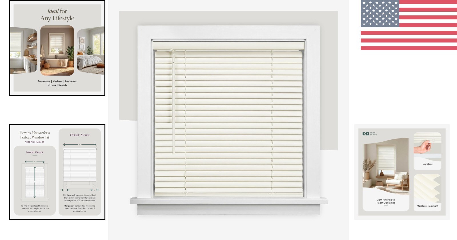 Cordless Mini Blinds, Light Filtering & Durable Vinyl, 29″W x 48″H, Easy Mount