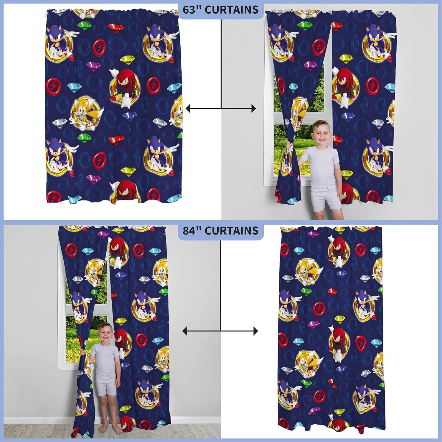 Sonic the Hedgehog Kids Window Curtains, 84 Inch Length 2-Panel Set, Semi Light