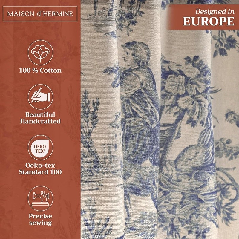 100% Cotton Toile Curtains Light Filtering Rod Pocket Home Living Decor New