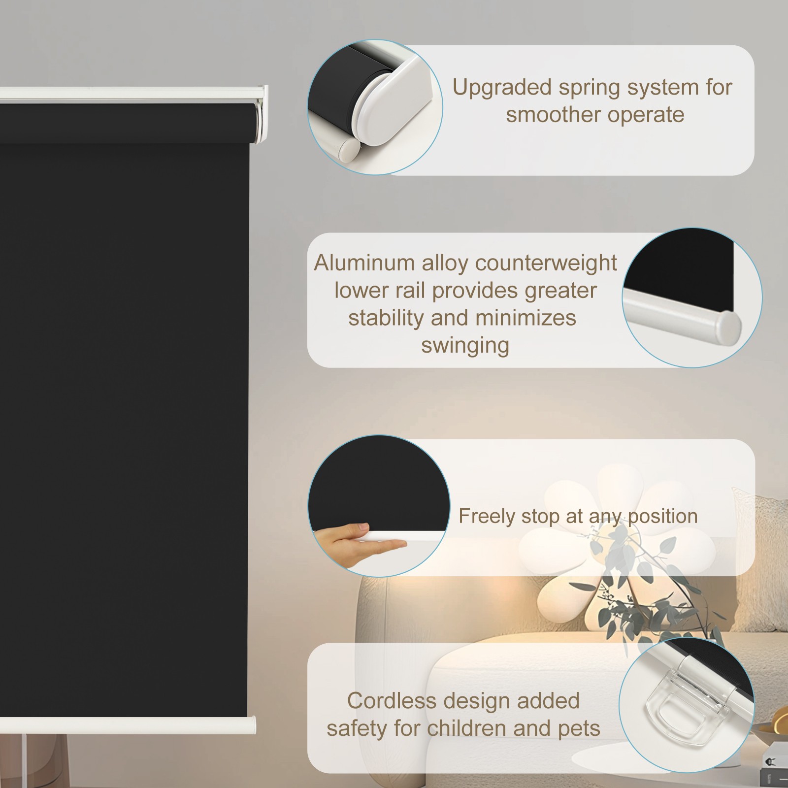 Changshade Cordless Blackout Roller Shade Room Darkening Rolled Up Blind