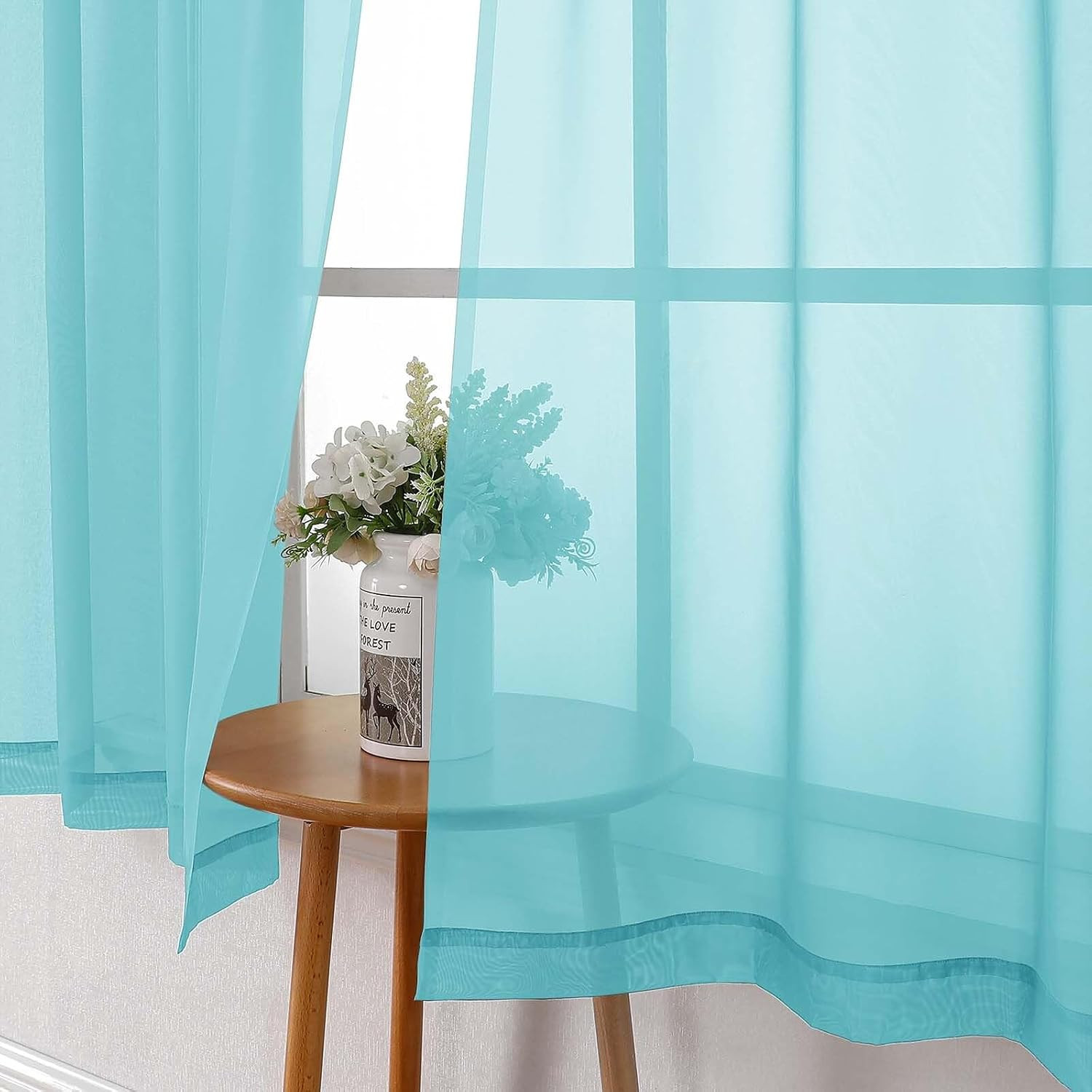 Aqua Sheer Curtains for Bedroom 54 Inch Length 2 Pcs, Rod Pockets Solid Color Wi