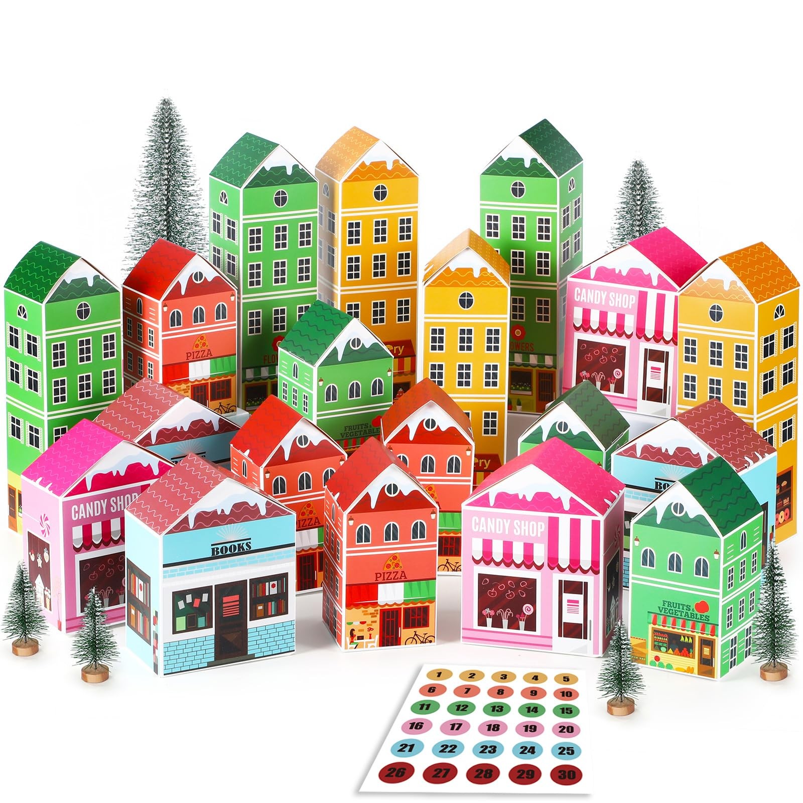 30 PCS Classic Christmas Advent Calendar Boxes DIY Village Town Decorations