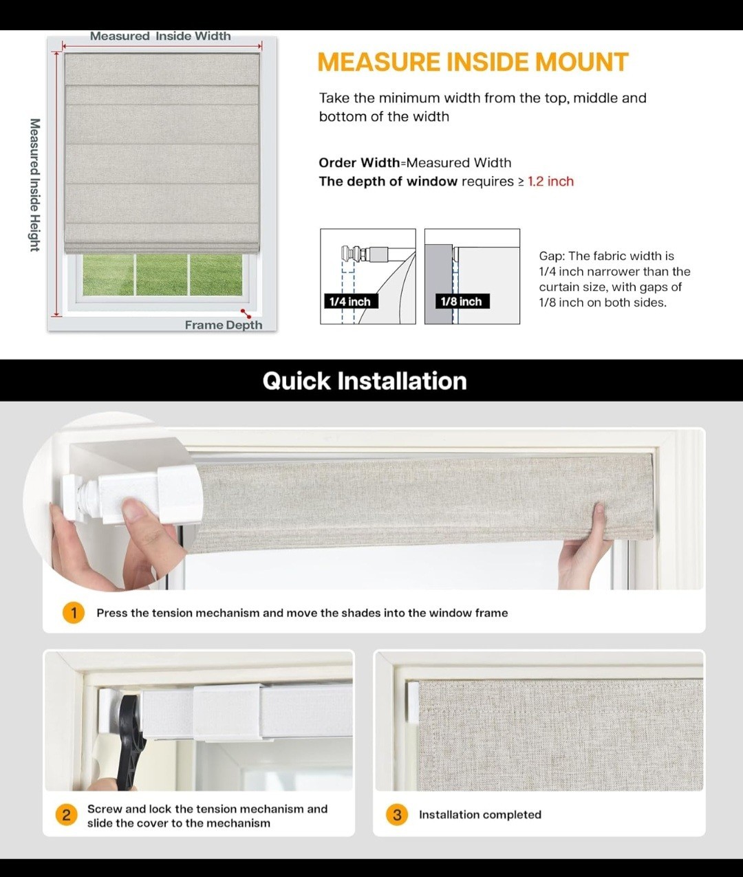 LazBlinds No Drill Cordless Blackout UV Protection Polyester 27″ W x 64″ H, Grey