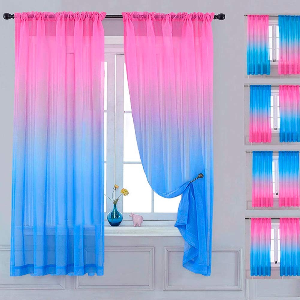 Sheer Curtain Semi Bedroom Curtains 63 In. Length Linen Pink Blue Ombre Curtains