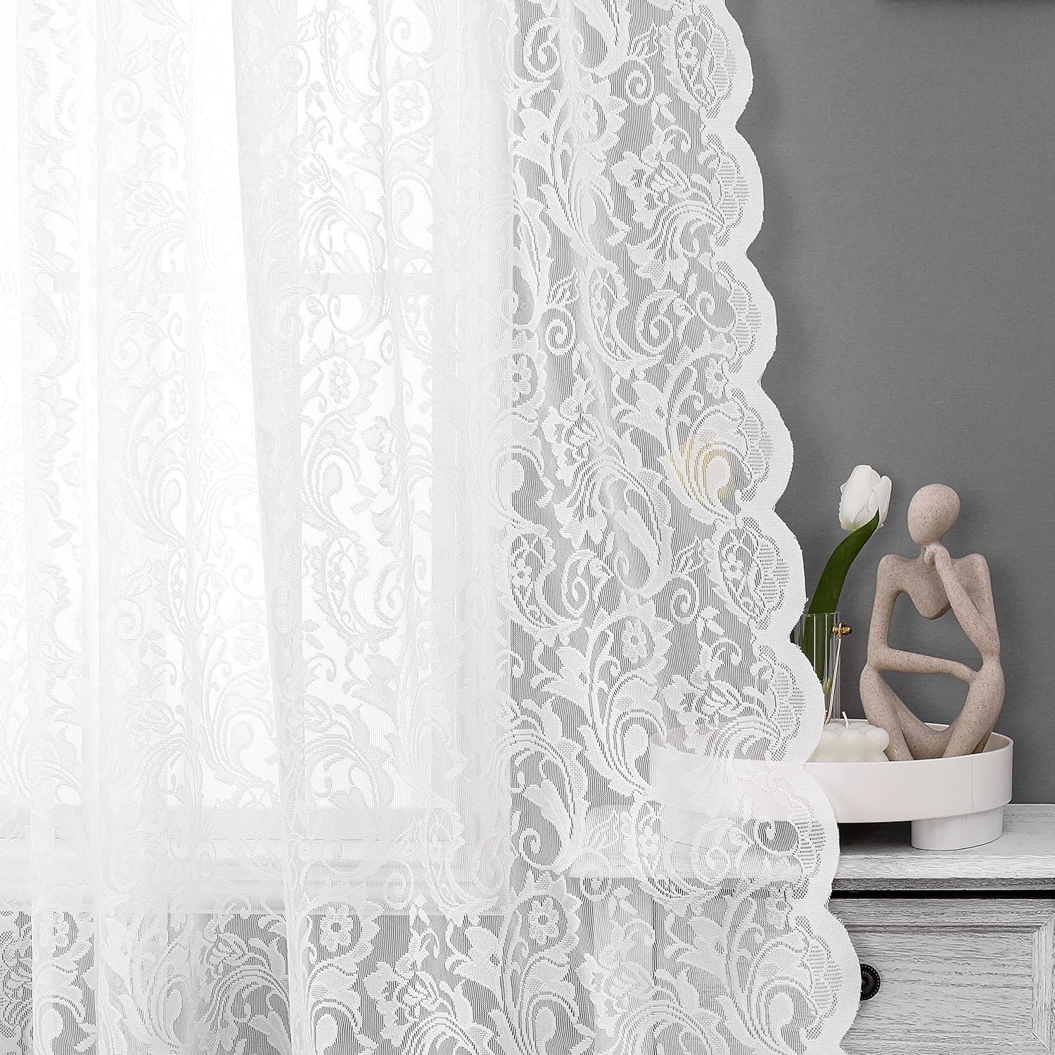 White Lace Sheer Curtains 84 inch Vintage Floral Sheer Window Curtain Panels