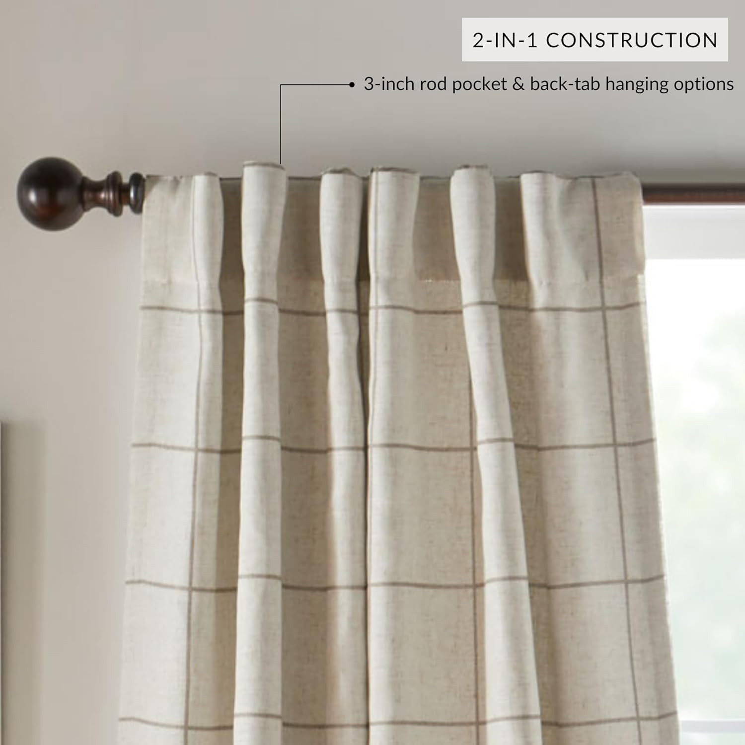 Brighton Windowpane Plaid Blackout Window Curtain Panel, Linen – 52″ W X 84″ L