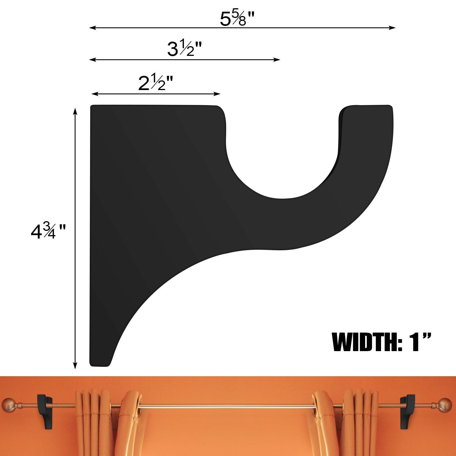 Wood Curtain Rod Brackets 3-1/2″ Return for 2″ Pole Wall Mount Black 2 Pack