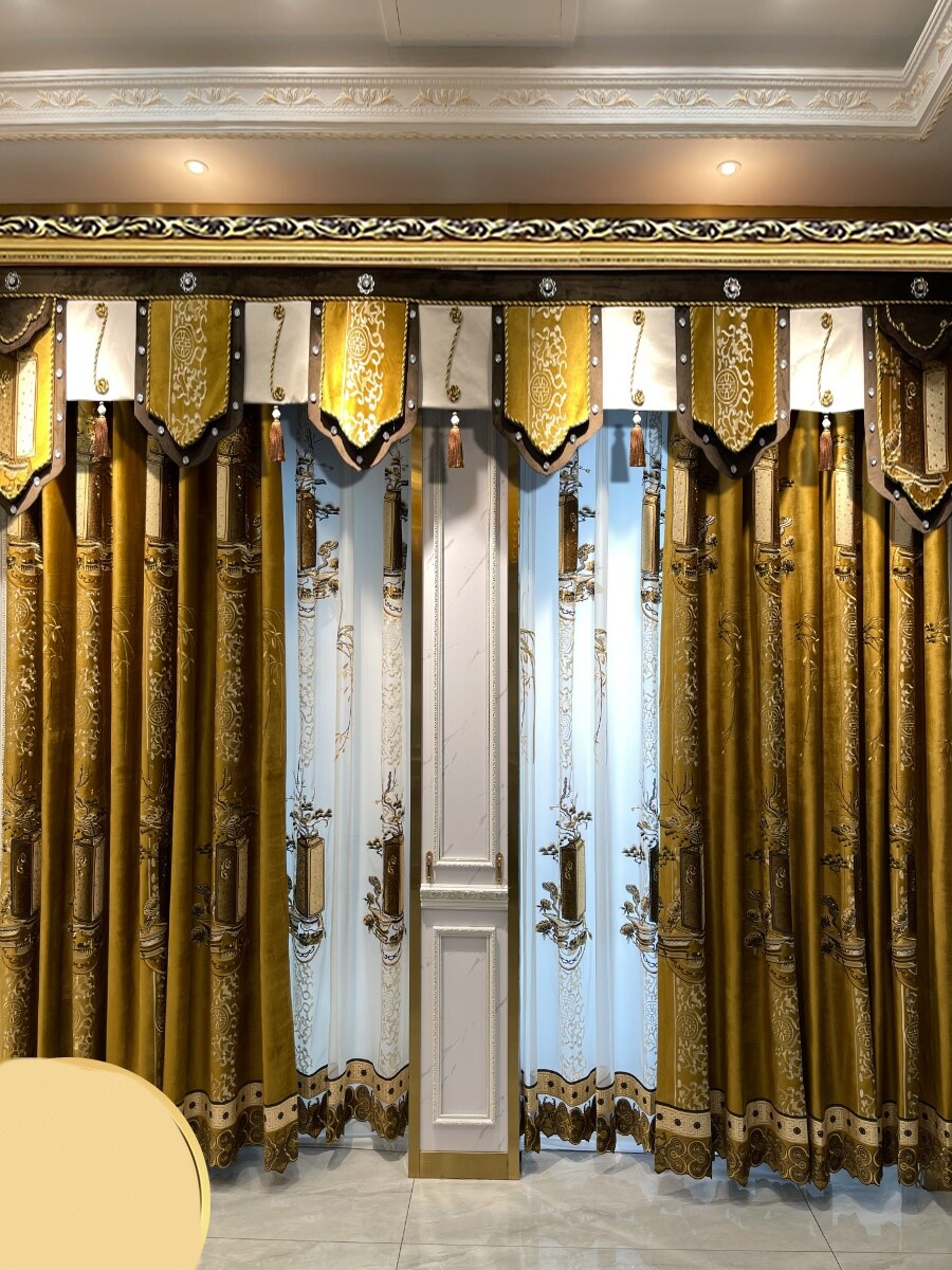 luxury Chinese Embroidery Velvet gold classical curtain valance tulle M1670