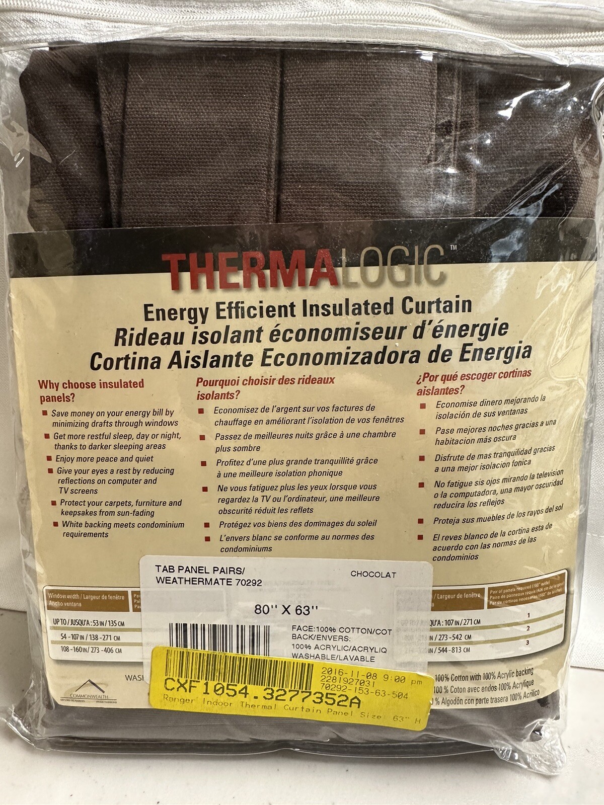 Thermalogic Energy Efficient Insulated Tab Top Curtain PAIR 80×63 Chocolate New