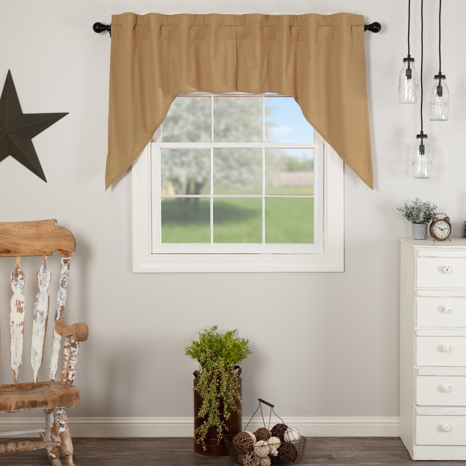 New Primitive Farmhouse PLAIN TAN FLAX GRAIN SACK CAFE SWAGS Curtains 36″