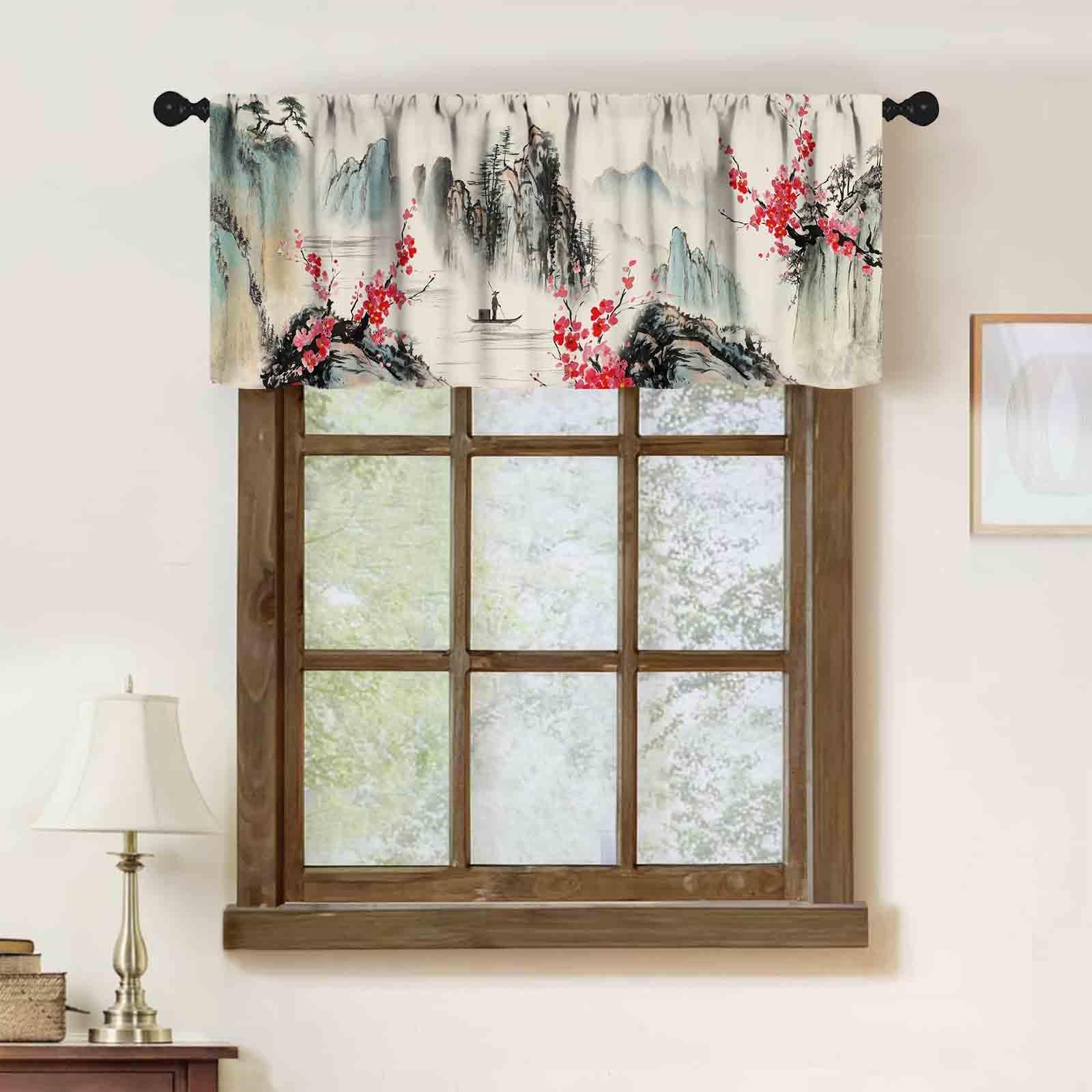 Japanese Landscape Kitchen Valance Curtain,Ink Painting Cherry Blossom Landsc…