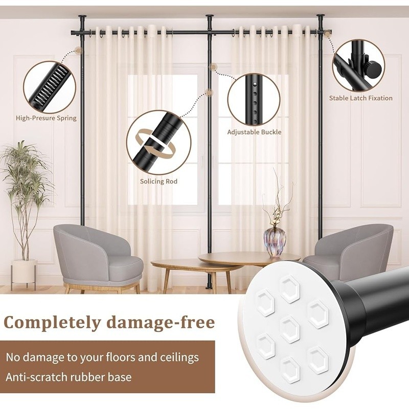 No Drill Room Divider Curtain Rod Adjustable Tension Mounted Easy Installation