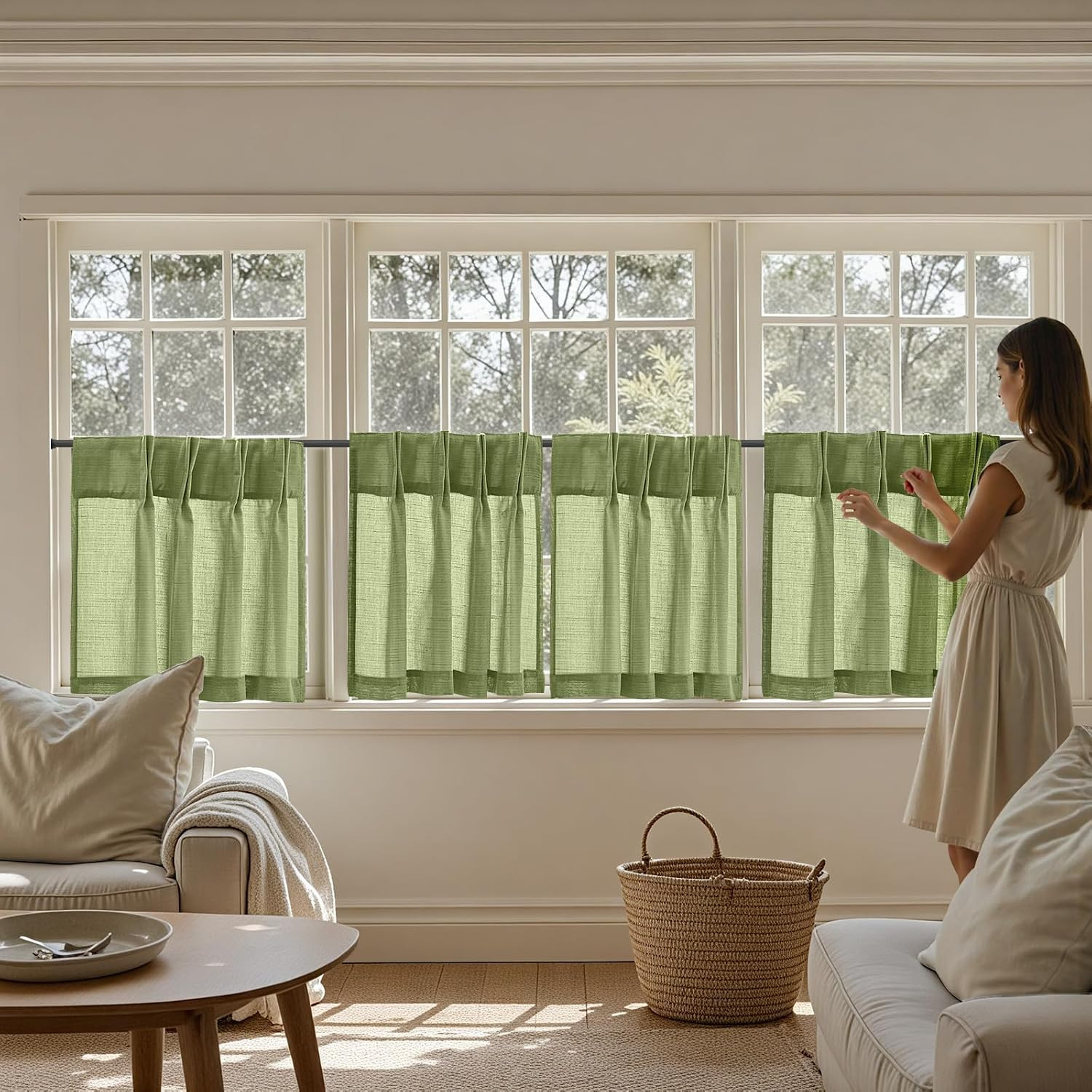 jinchan Linen Pinch Pleated Kitchen Curtains 24 Inch 2 Panels, Natural Linen Tie