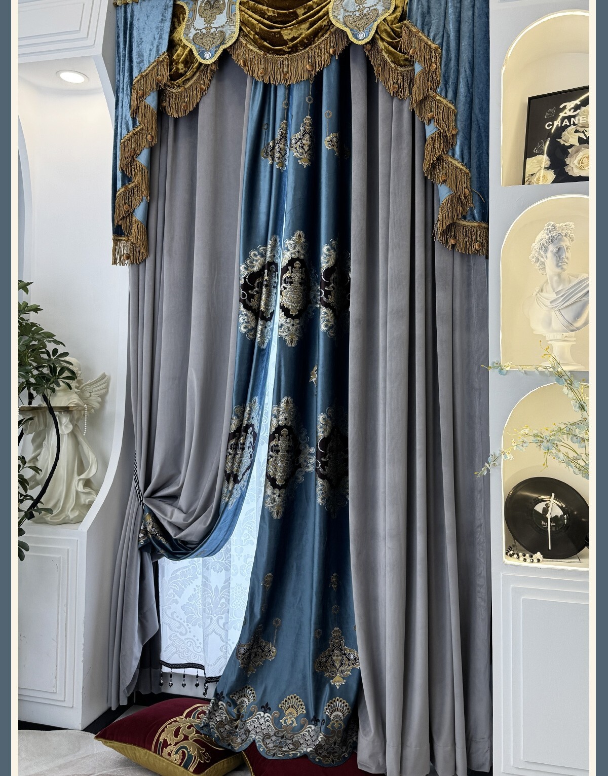 European elegant velvet splicing grey thick cloth curtain valance drape C2145
