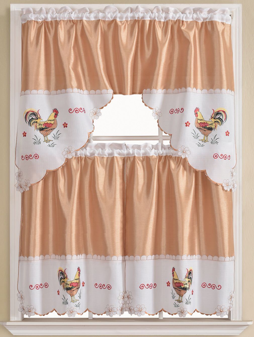 Kitchen Curtains 3 Pc. Set with Attached Valance Tier and Swag Set Red Brown