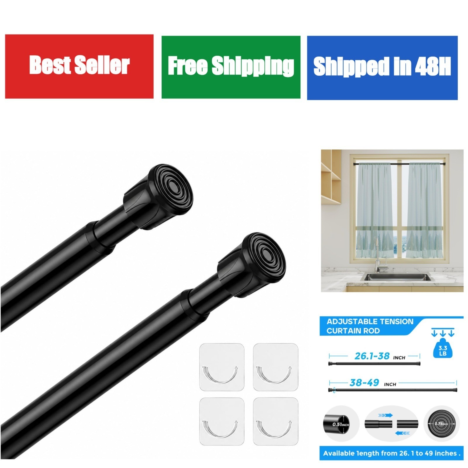 2 Pack Adjustable Black Spring Tension Curtain Rods 28-48 Inches