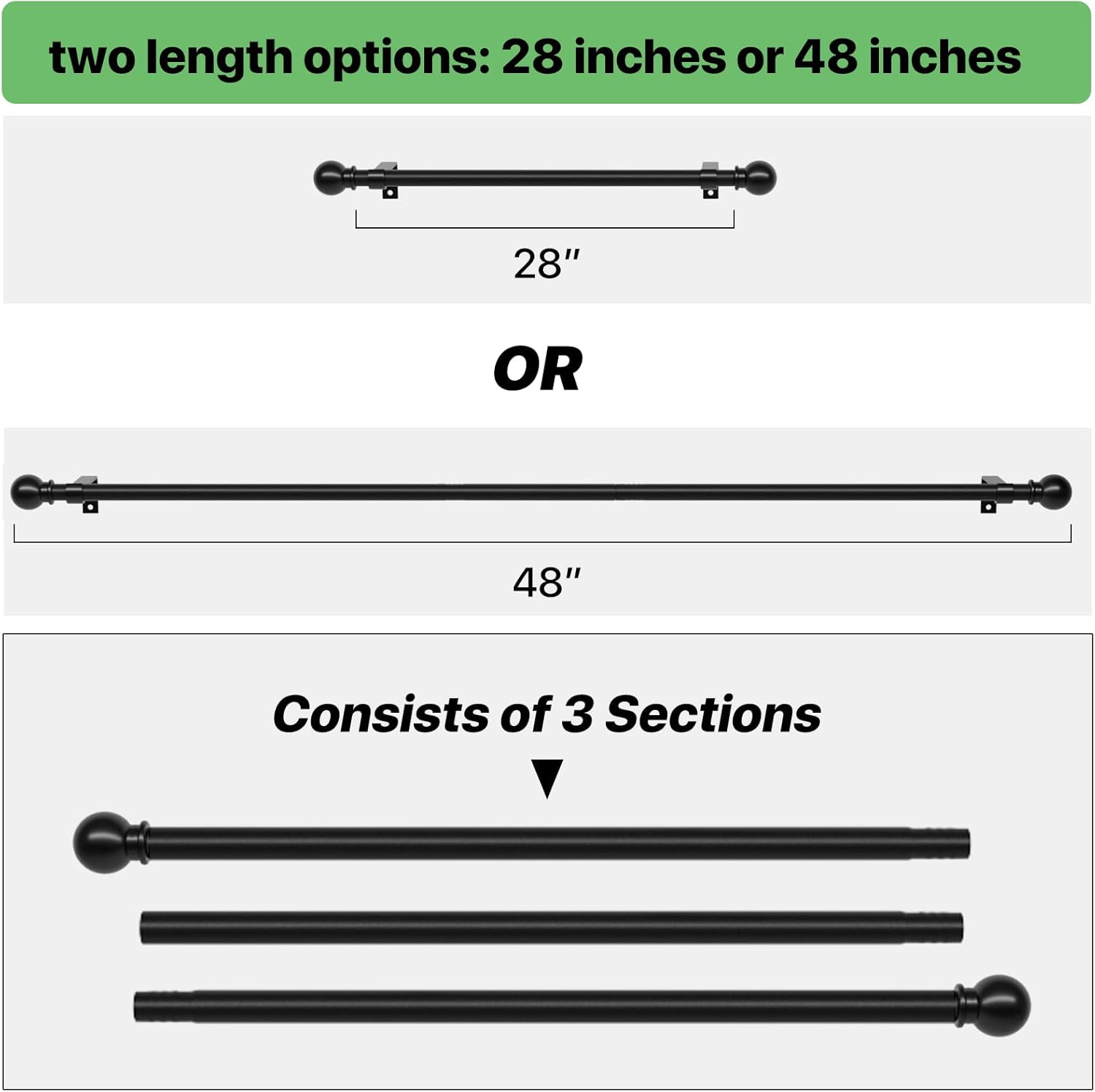 Black Curtain Rod Set 28-48 Inch Adjustable Metal Drapery Rod with Brackets