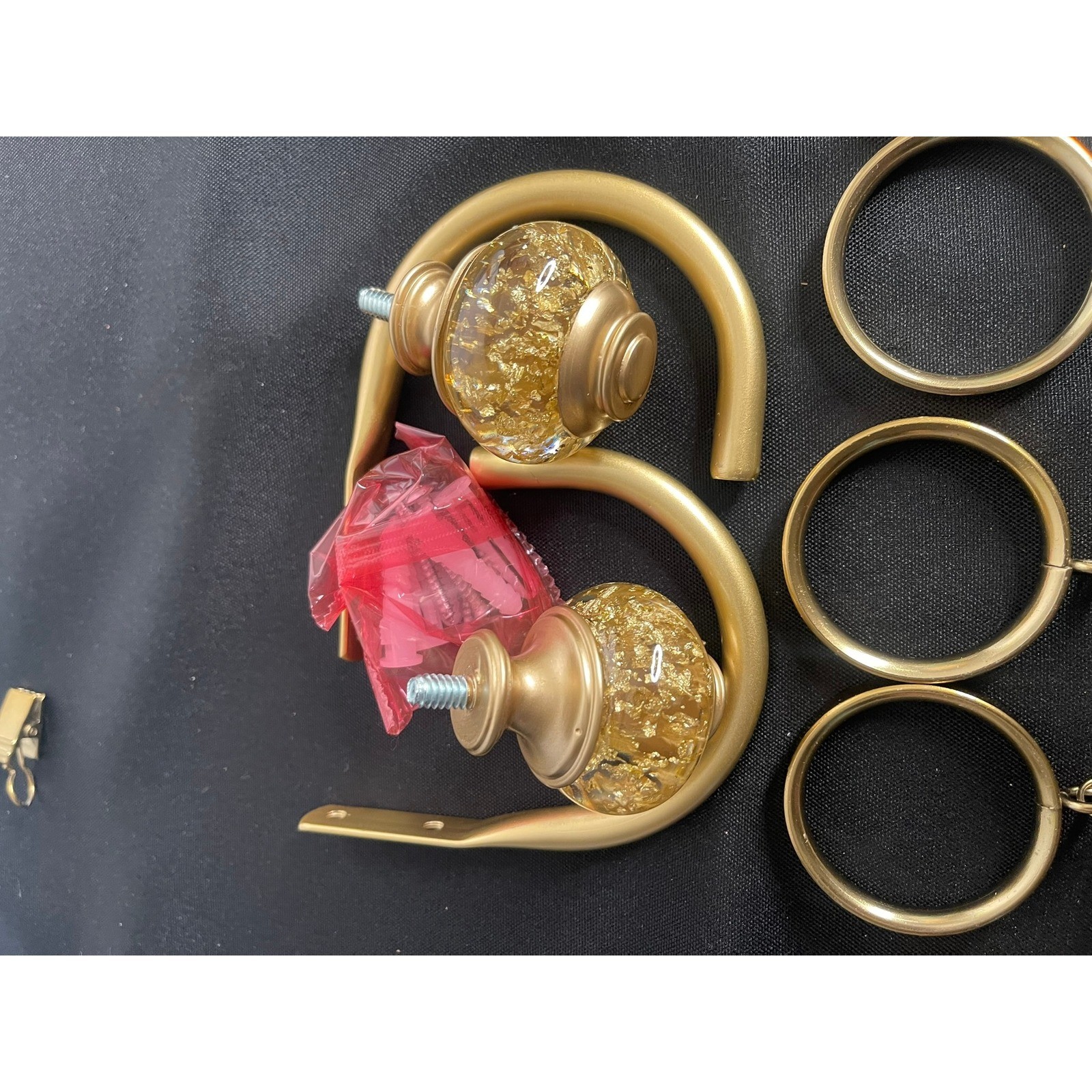 Gold Curtain Hardware Set 12 Clip Rings and 2 Glass Finial J-Hook Holdbacks