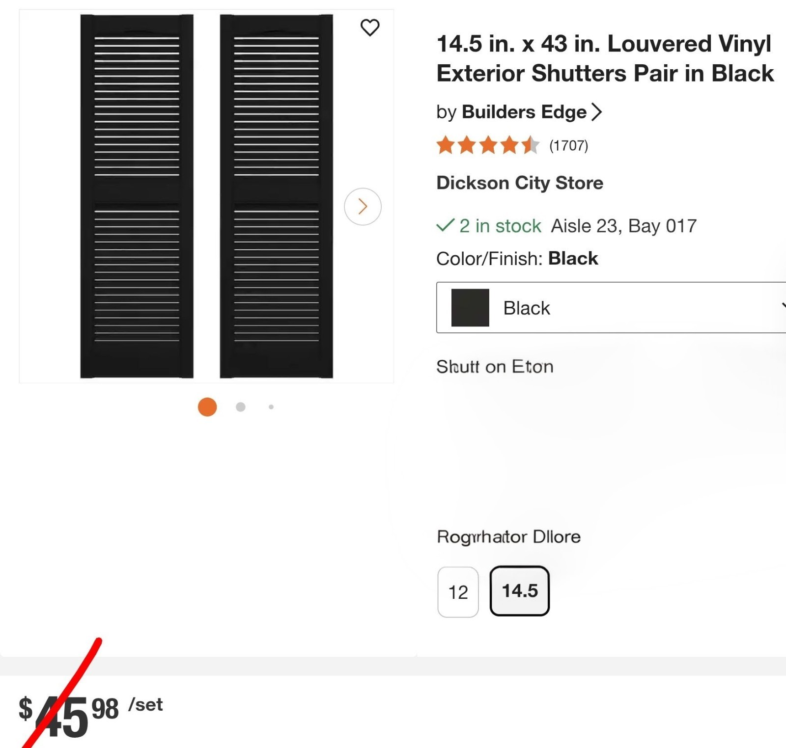 Builders Edge 14.5″ x 43″ Louvered Vinyl Exterior Shutters Pair in Black NEW