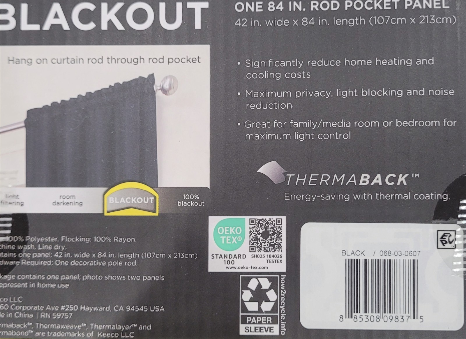 2pk Panels ECLIPSE Blackout Curtain Panel 42″ x 84″ Braxton Black Thermaback