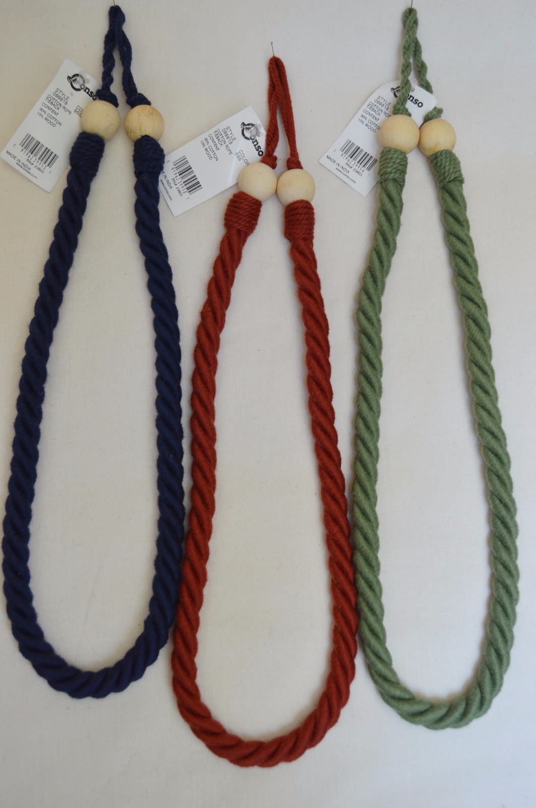 Curtain & Chair Tie Back – 36″ Twisted Rope w/ Wooden Beads – 5 colors!!!