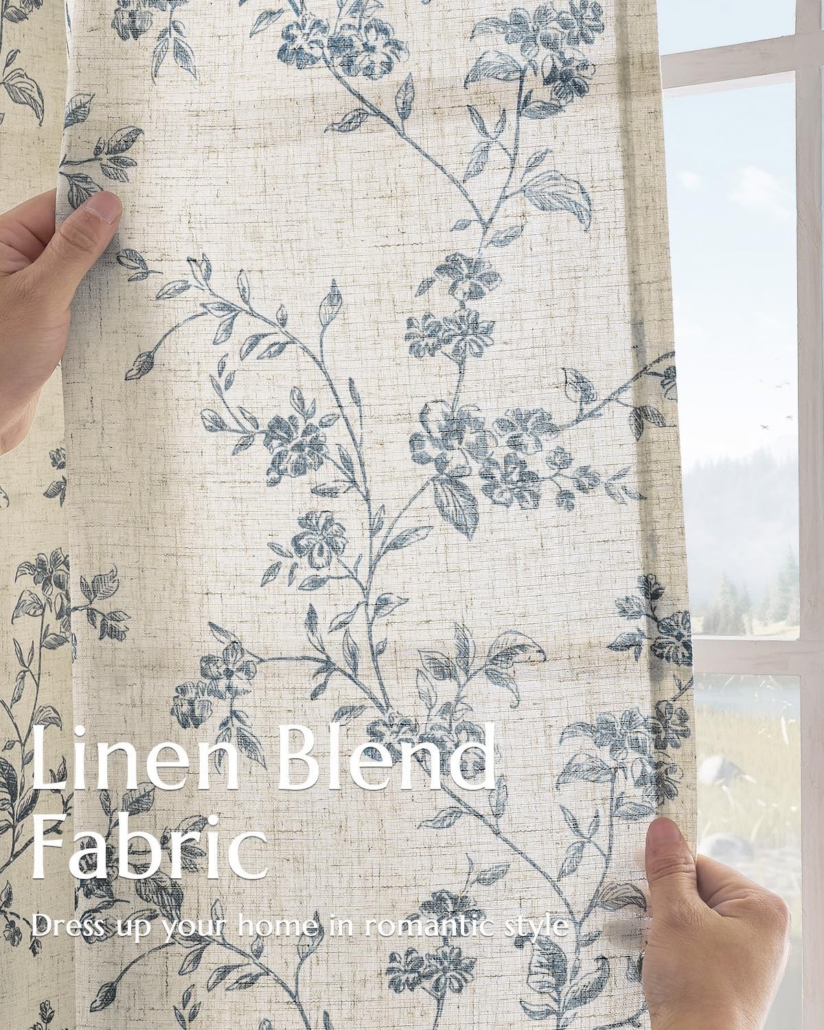 Blue Floral Linen Curtains 84″ French Country Back Tab – 2 Panels, Home Decor
