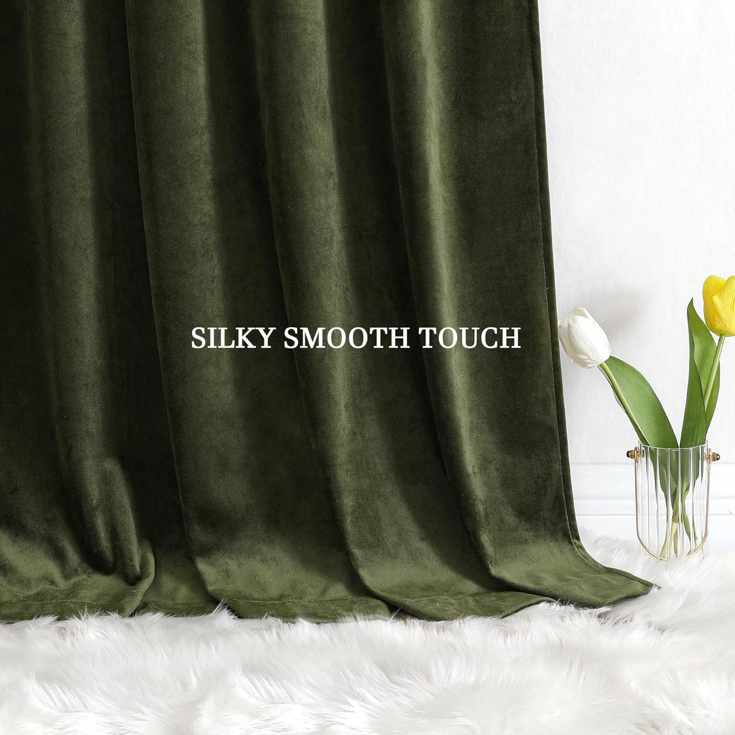 Olive Green Velvet Curtains for Bedroom Window, Super Soft Vintage Luxury Heavy