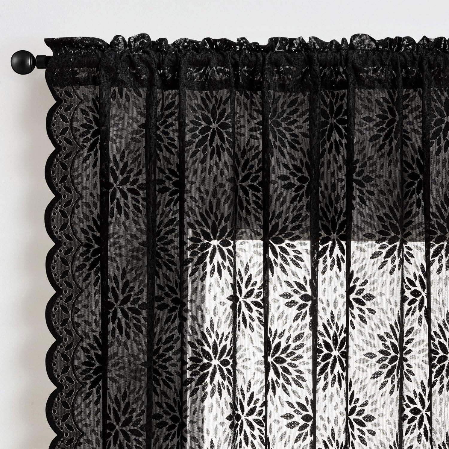 Black Lace Curtains 54 Inch Length, Victorian Floral Semi Sheer Tier