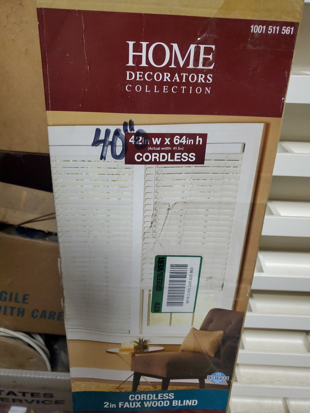 40″ x 64″ Home Decorators White Cordless 2″ Premium Faux Wood Blinds 39 1/2″True