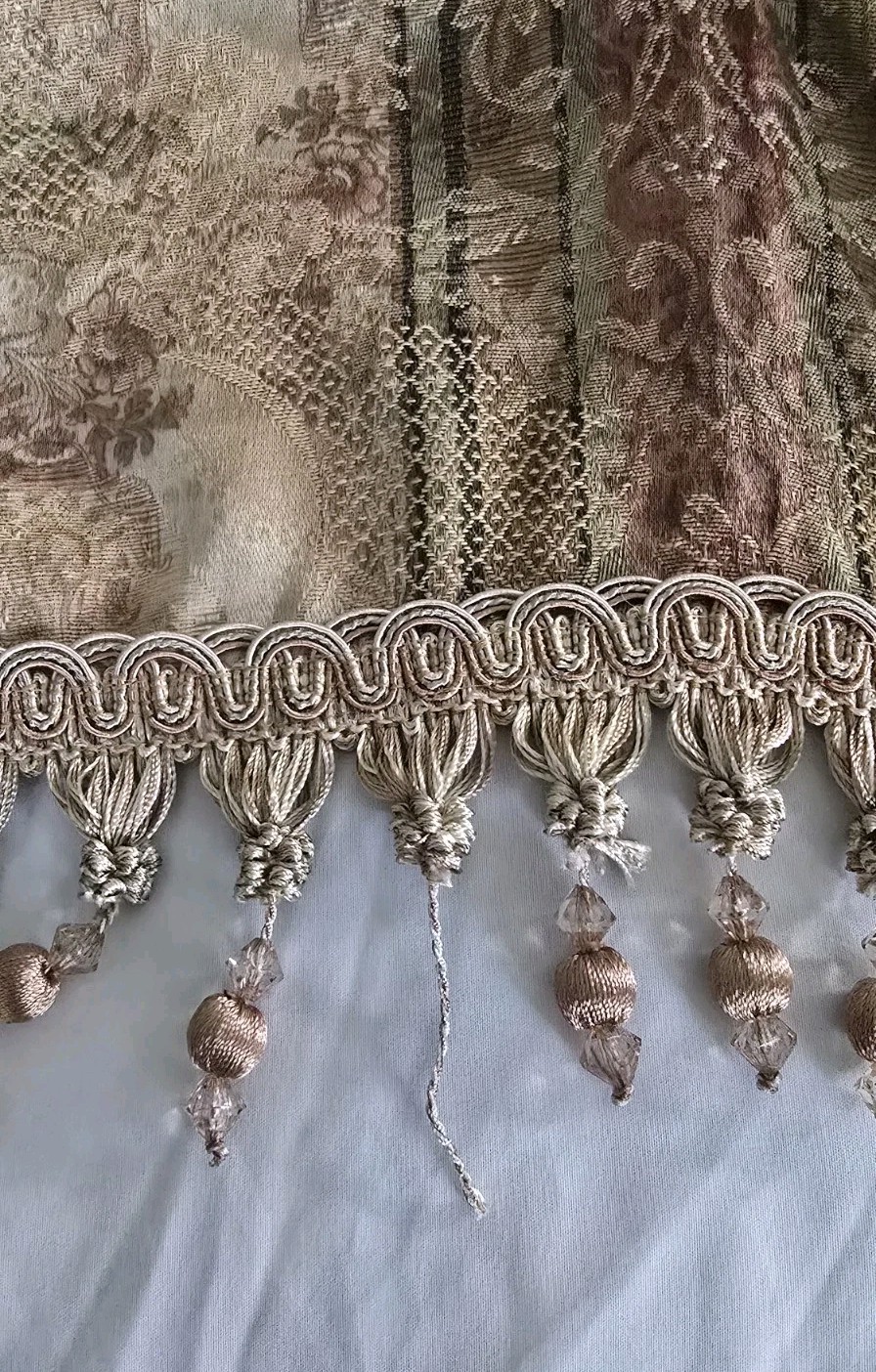Croscil Beaded Window Valance 2 Panels Waterfall Scalloped 82×17 Damask Brocade