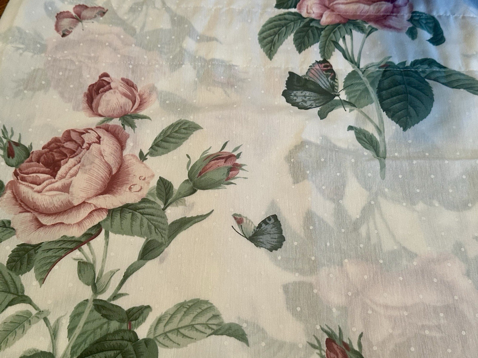 Vintage White Swiss Dot Pink Roses & Butterflies Balloon Valance 17” X 76”