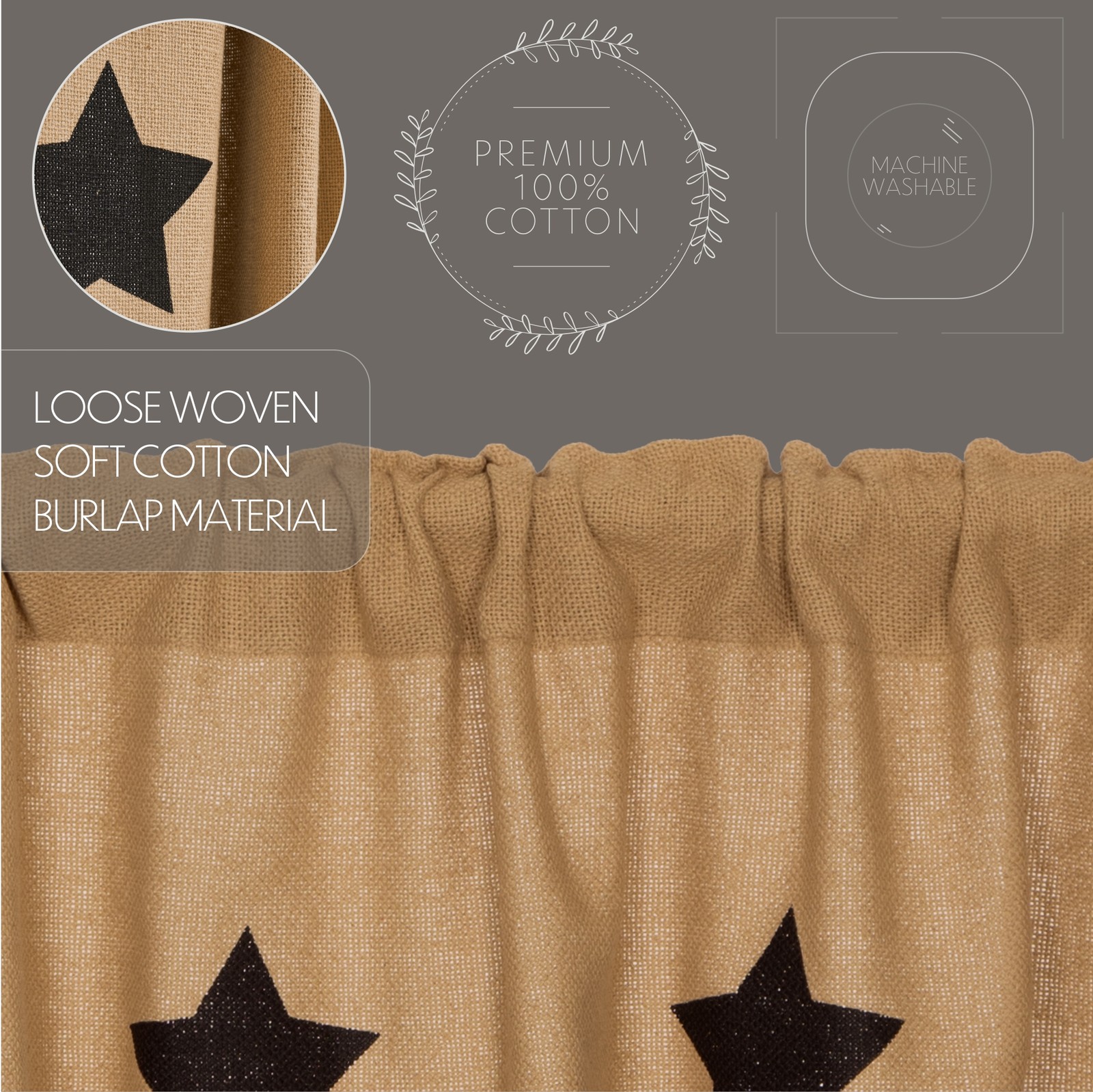 Primitive 24″x36″ Stars Tier Pair Tan Rod Kitchen Window Curtains VHC Brands