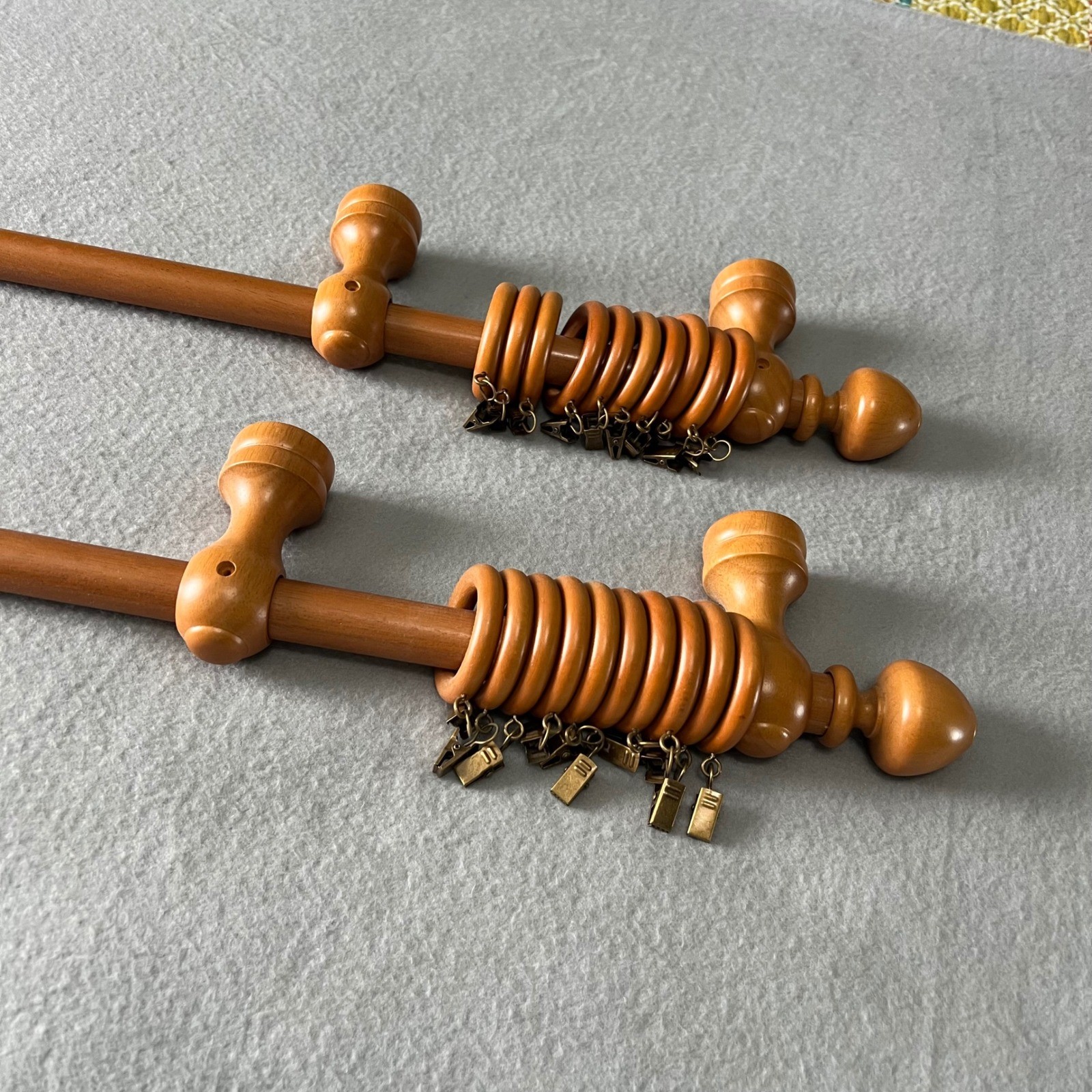 Vintage Wooden Drapery Curtain Rod Set of 2 Rings Clips Boho Farmhouse Cottage