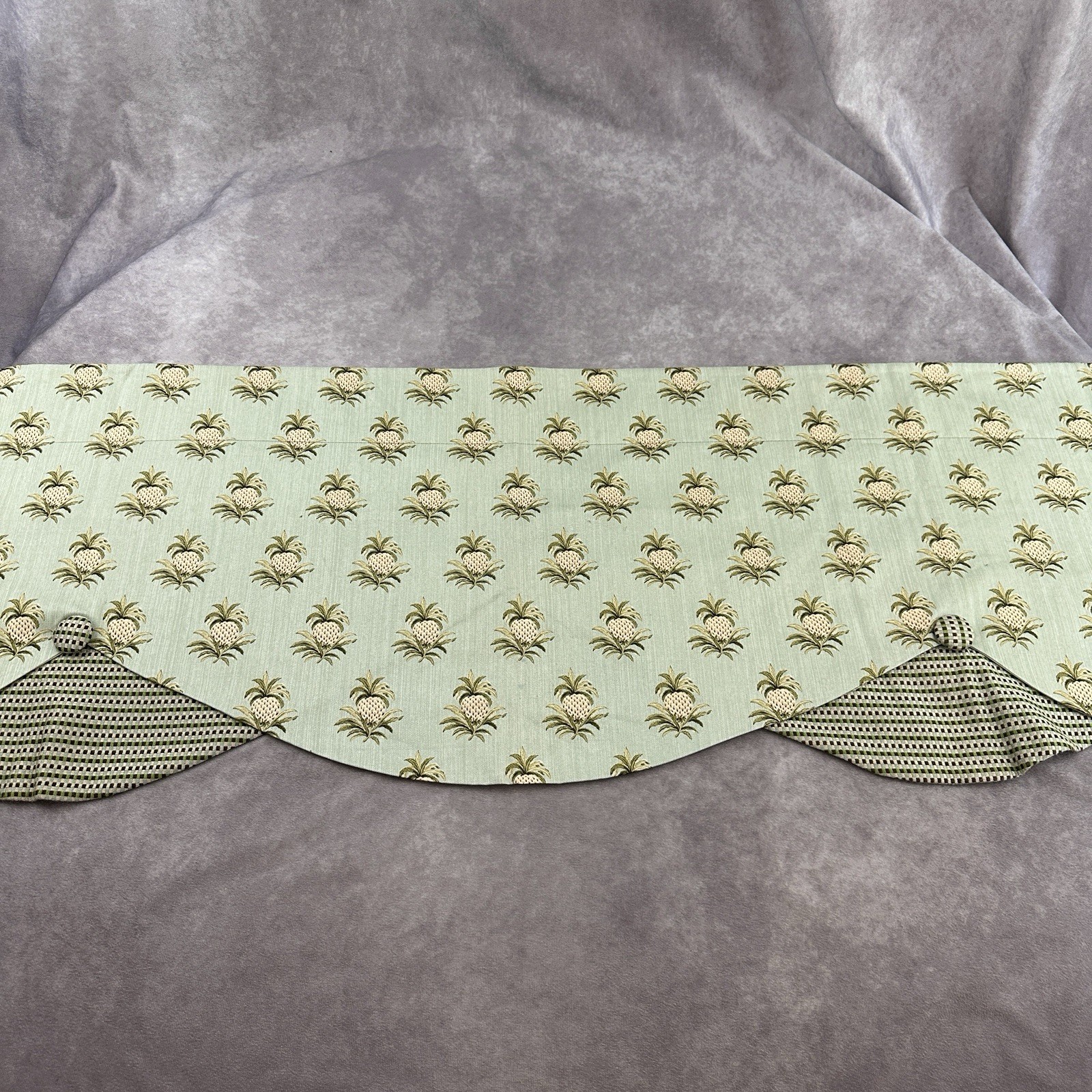 VTG RLF Home Pineapple Field Petticoat Valance Green Lined Scalloped 52×15 EUC