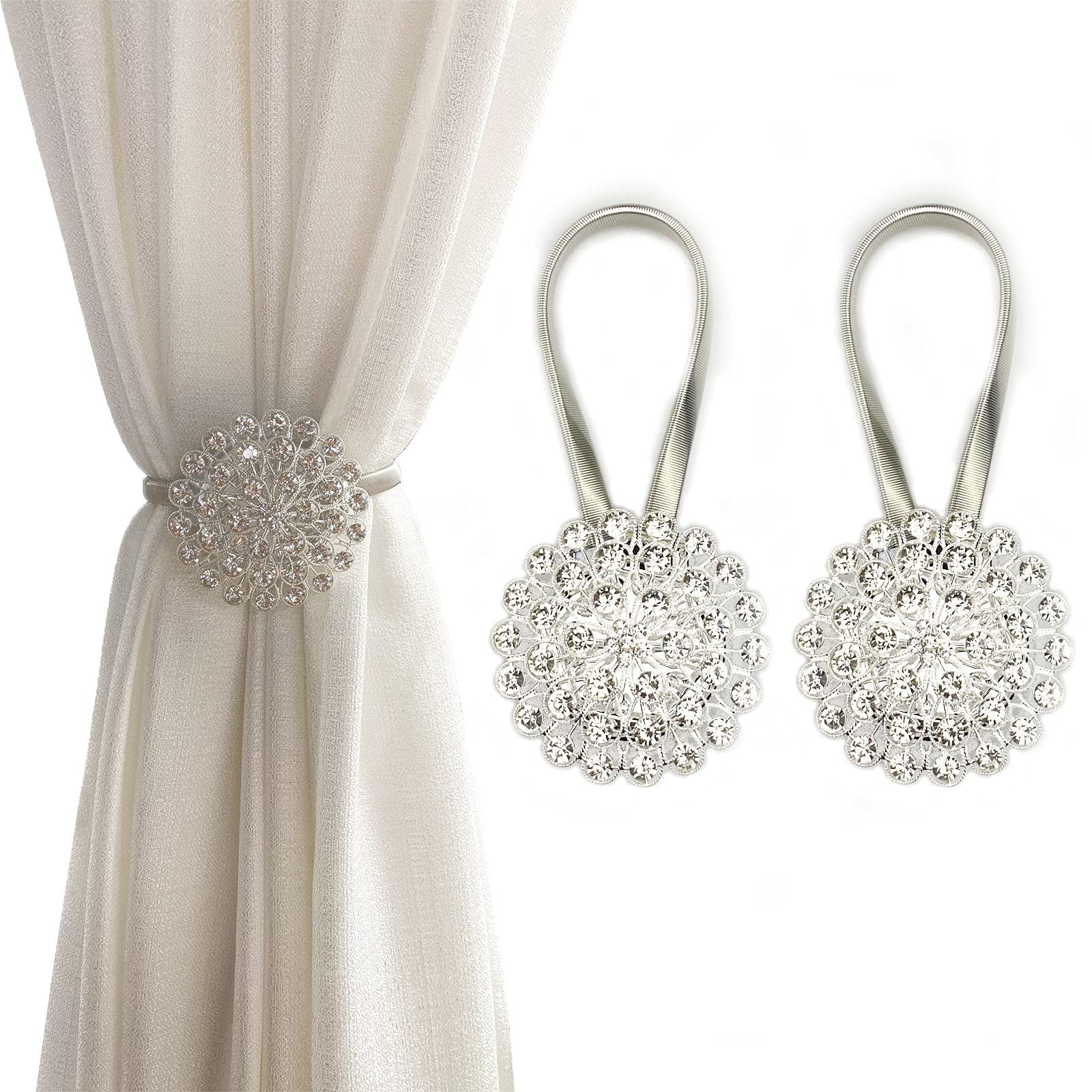 Magnetic Curtain Tiebacks, 2 Pack Crystal Flower Clips for Home Decor
