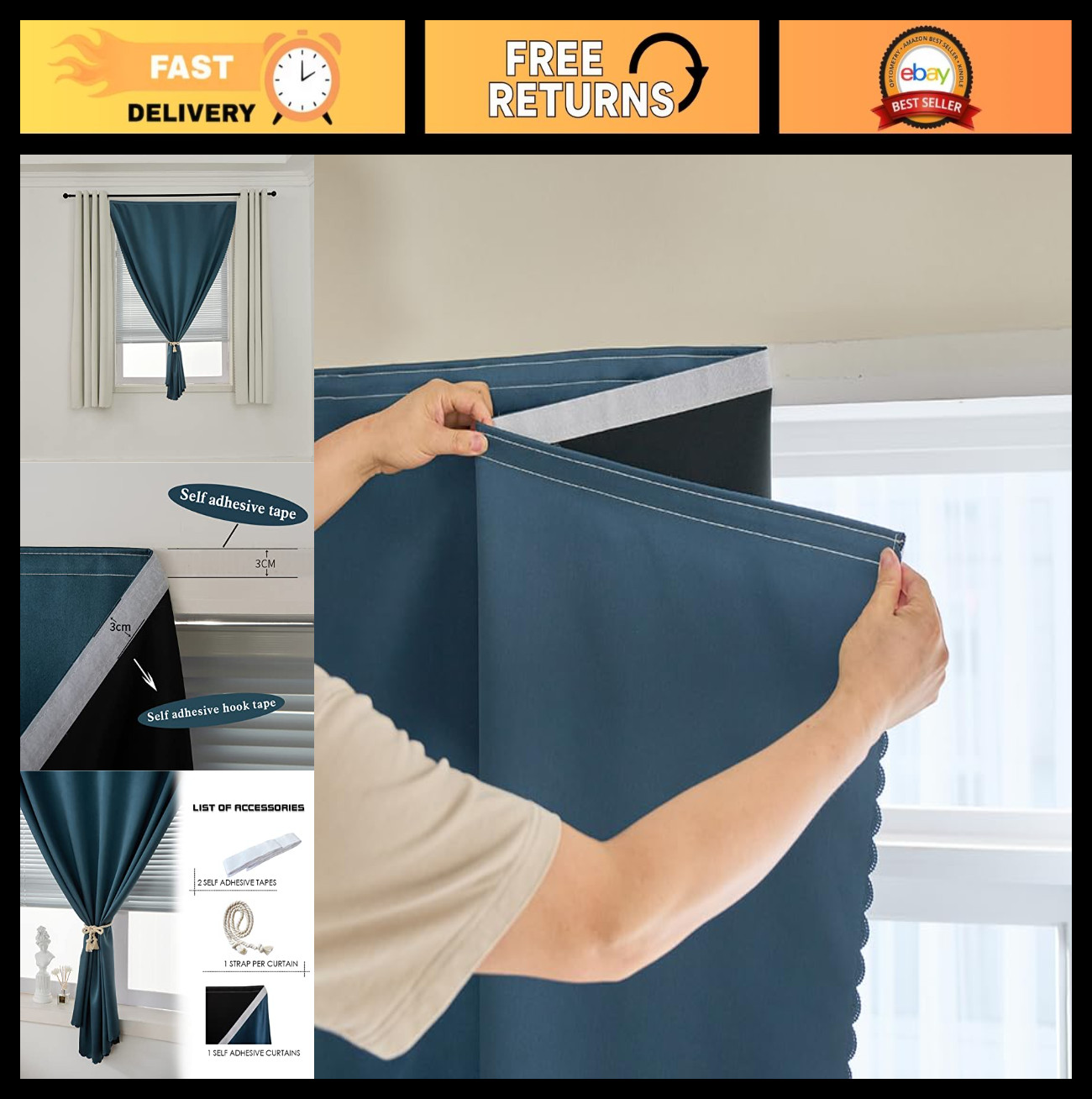 100% Blackout Curtains – Self-Adhesive Thermal Insulated Room Darkening Drapes –