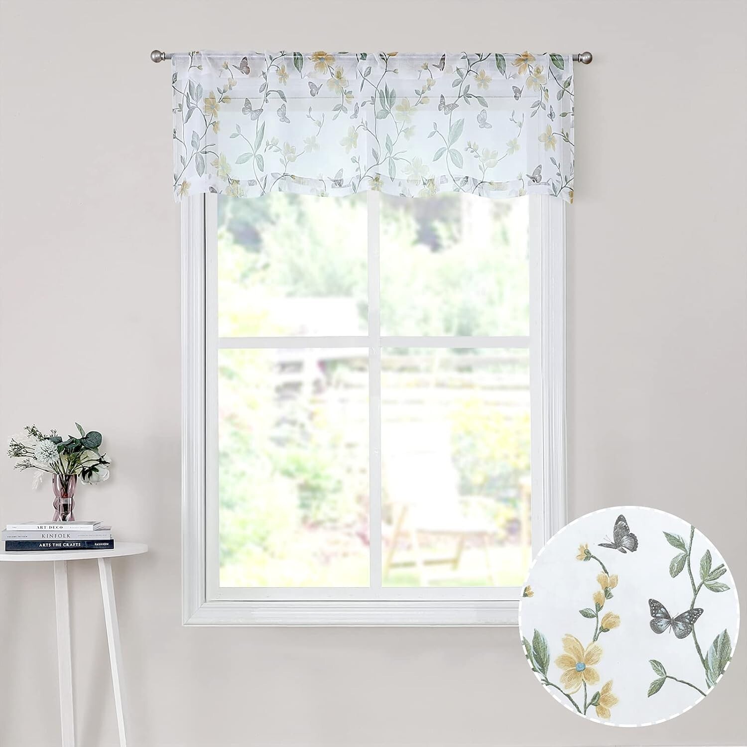 Sheer Floral Curtain Valance Yellow Flower Butterfly Printed Bedroom Curtain