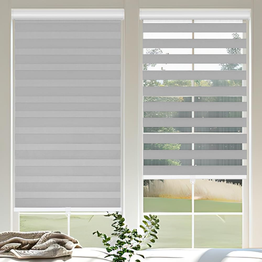 72″ Cordless Zebra Blinds – Dual Layer Sheer Roller Shades, Grey